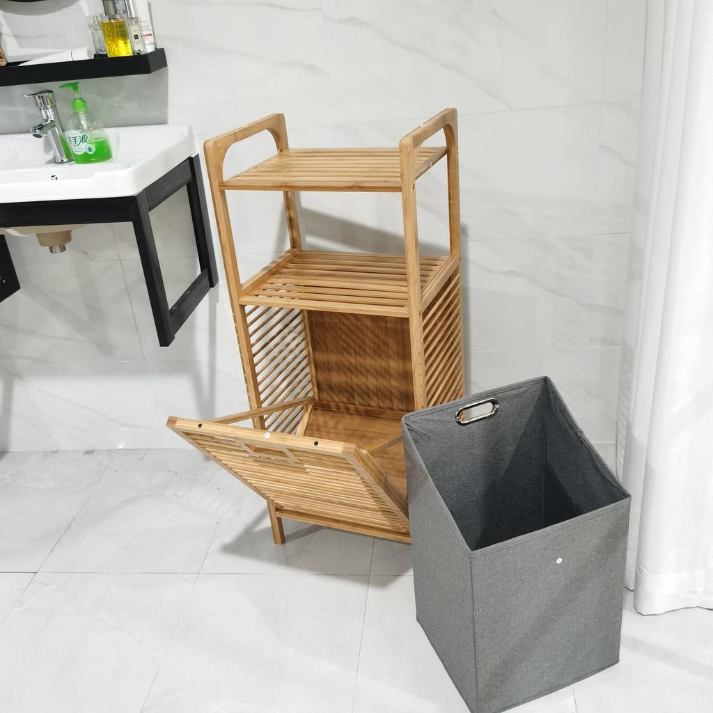 Bamboo Fabric Laundry Basket with Three-Layer Storage Rack and Wall-Mounted Storage Feature