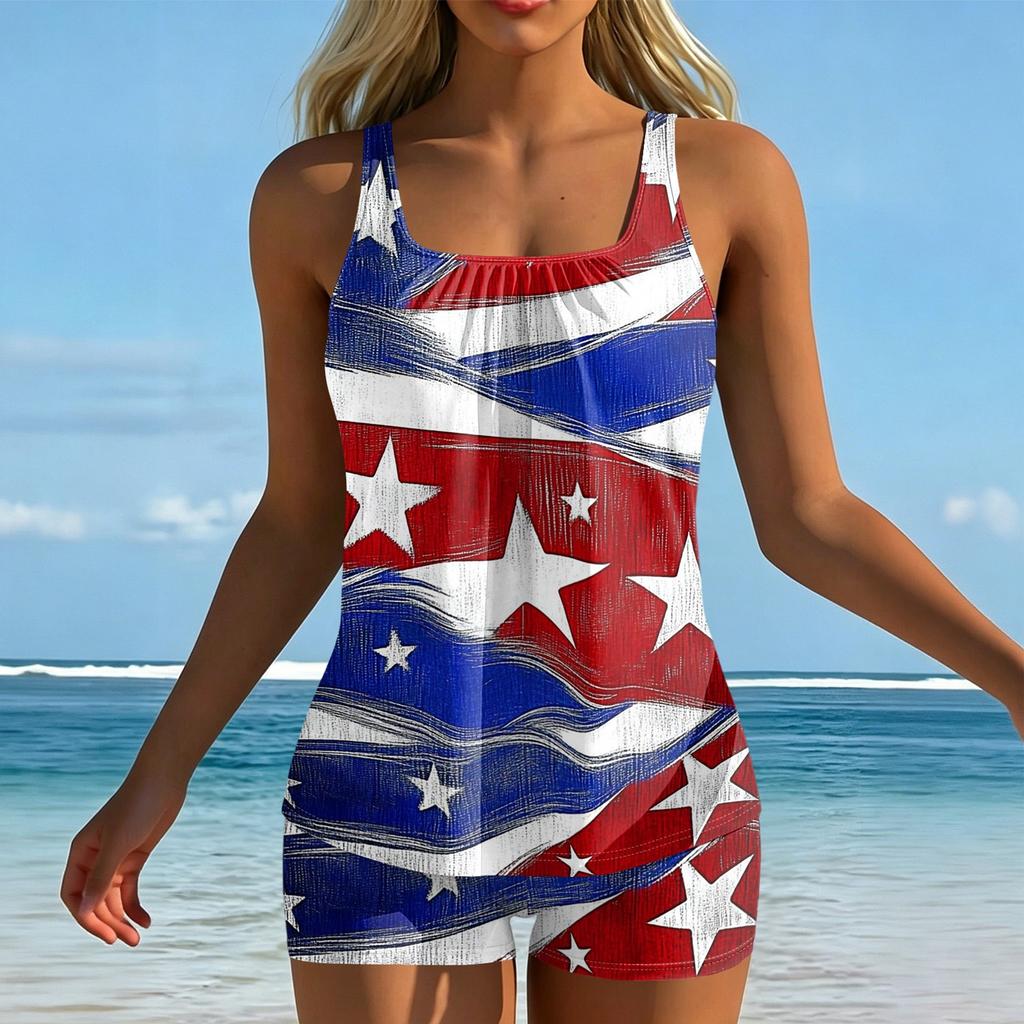 Women's Two Piece Tankini Swimsuit Set Printed Athletic Swimwear with Sleeveless Top and Shorts for Beach Pool Sports