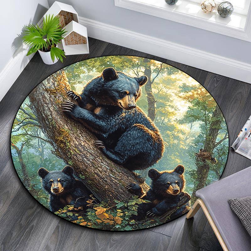 Black Bear Round Area Rug,Carpet Rug for Living Room Bedroom Sofa Playroom Decor,Non-slip Floor Mat