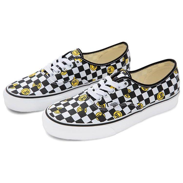 Vans Wallpaper Authentic Checkerboard Smile Print Durable Breathable Low-Top Canvas Shoes Unisex Sneakers Black White VN000EE3BP9