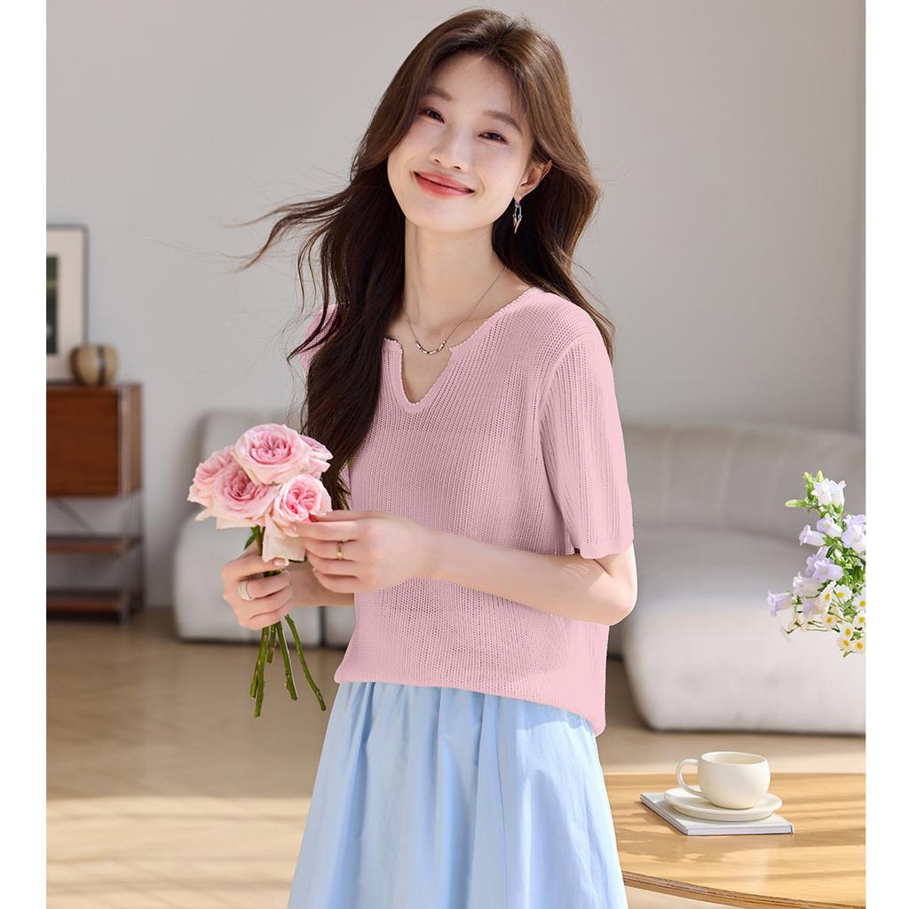 Thin high-end V-neck linen short sleeved knitted shirt, summer new casual T-shirt, pullover top, versatile women's clothing
