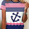 Round neck women's short-sleeved printed T-shirt with stripes, skin-friendly fabric and comfortable
