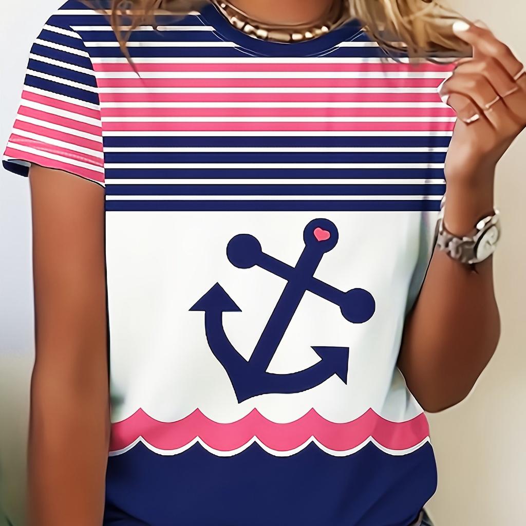 Round neck women's short-sleeved printed T-shirt with stripes, skin-friendly fabric and comfortable