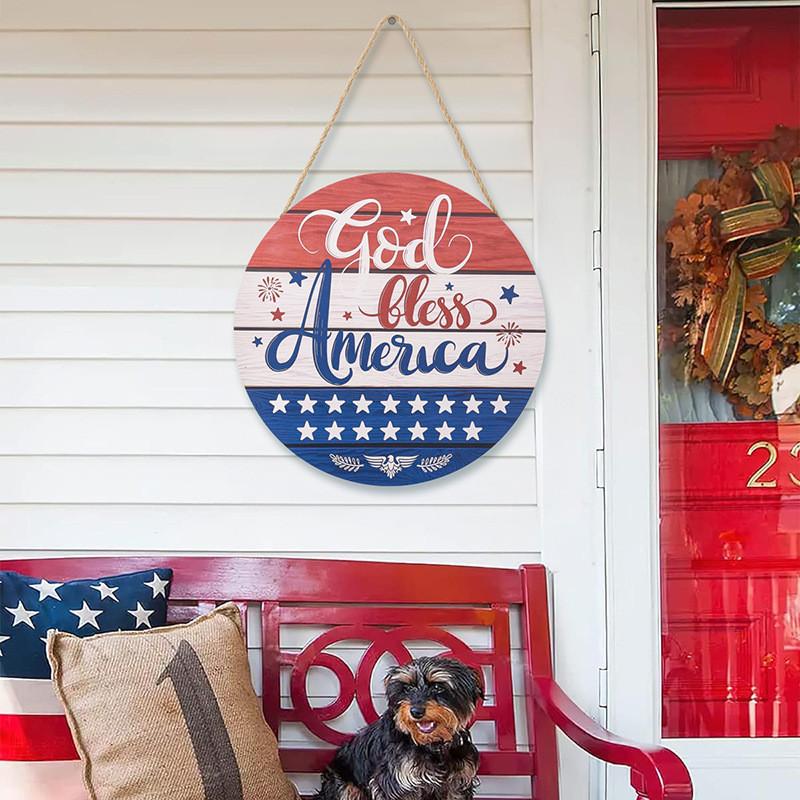 Country Style Rustic July Fourth Welcome Door Hanger Featuring Red White Blue Theme