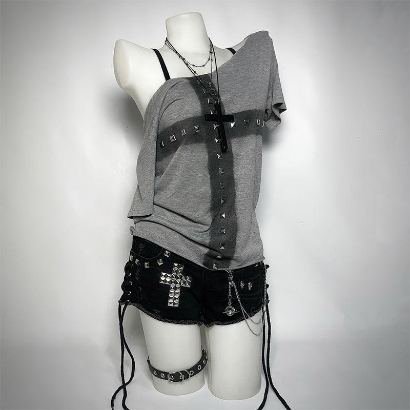 Women's 2025 Summer Punk Gothic Short Sleeve T-shirt with Rivets