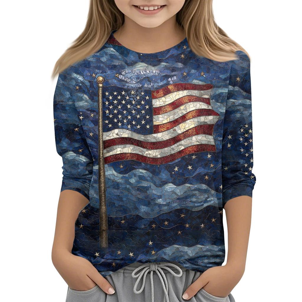 Children's Fashion Printed Round Neck Three-quarter Sleeve Top Casual T-shirt