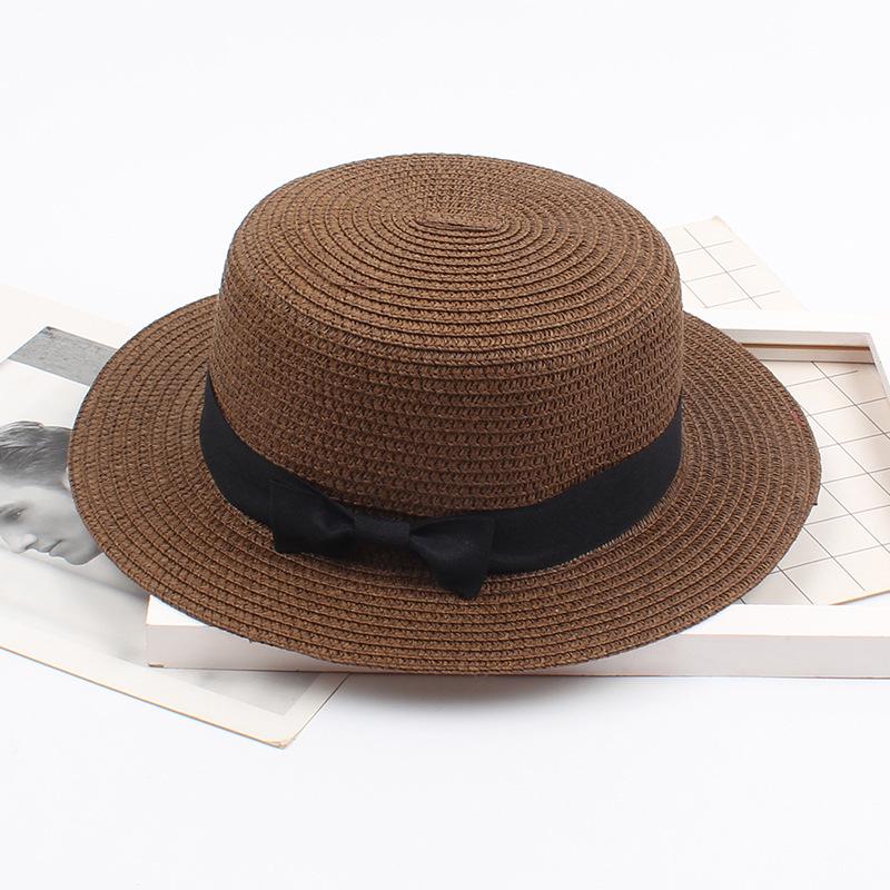 Korean Straw Hat - Retro Bow Flat Top Fedora for Spring & Summer Beach Days
