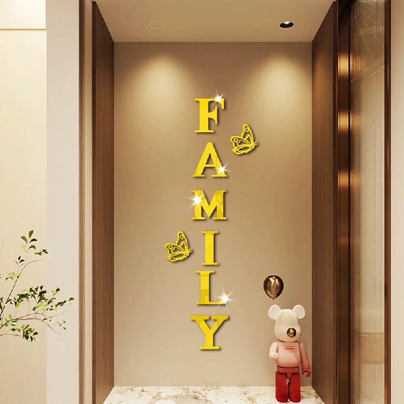 Two Butterflies English Letters Family 3D Mirror Wall Stickers Self-Adhesive DIY Acrylic Decals For Living Room Home Decoration