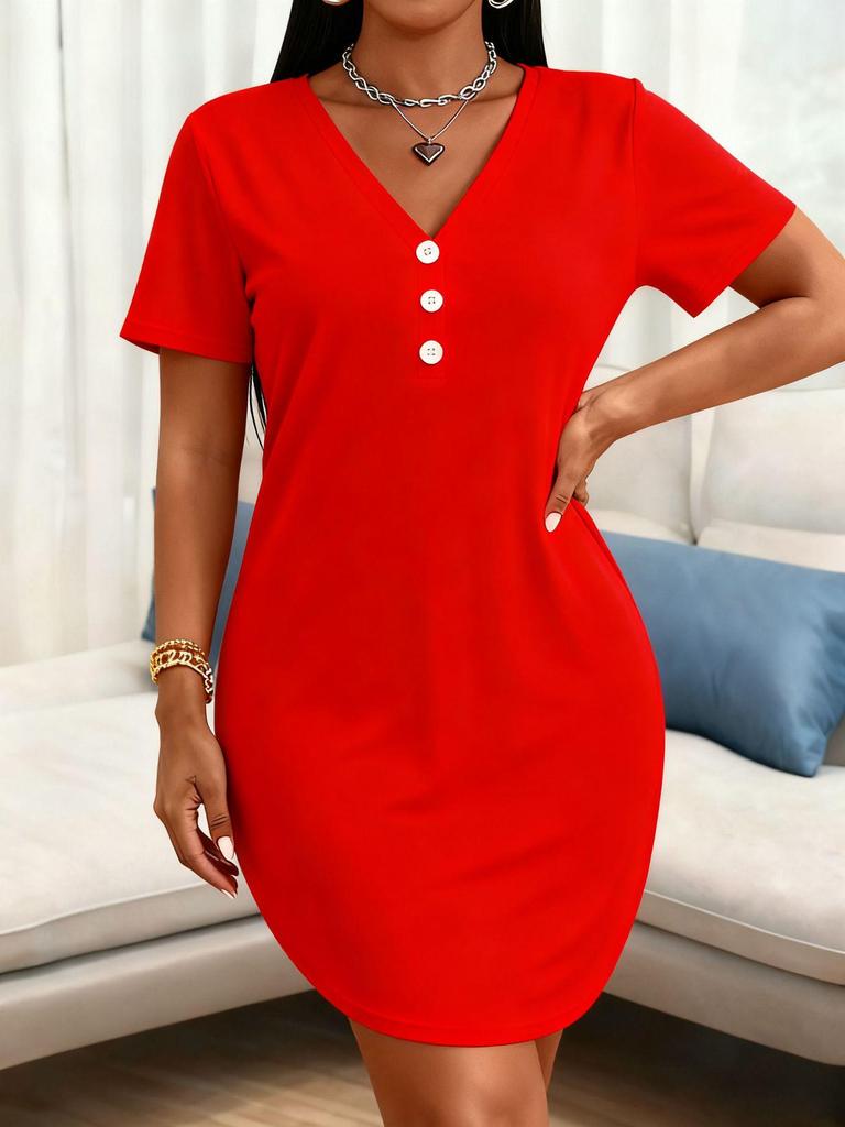 Plus Size Solid Color V-Neck Button Summer Dress for Europe & America