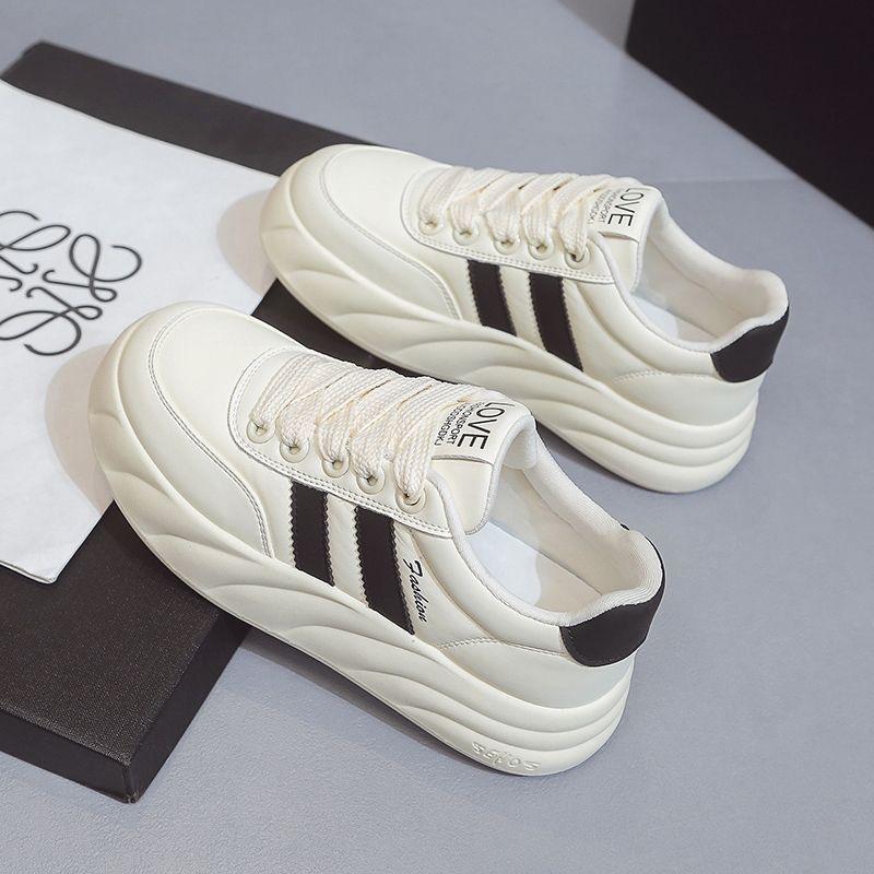 Leather White Shoes Women's Spring and Autumn 2024 New Thick-soled Heightening Bread Shoes Super Fire Versatile Casual Sports Shoes