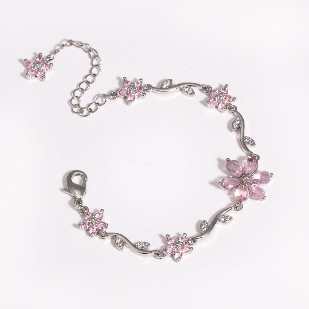 2026 New Korean Light Luxury Trendy Diamond-Inlaid Five-Petal Flower Branch Leaf Women's Bracelet Creative Versatile Flower