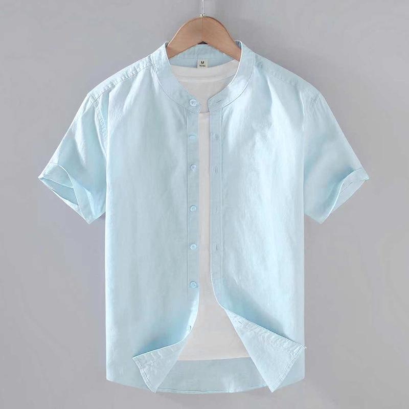 

Summer Men s Cotton Linen Square Collar Short Sleeve Shirt - Casual Solid Color Top 3XL