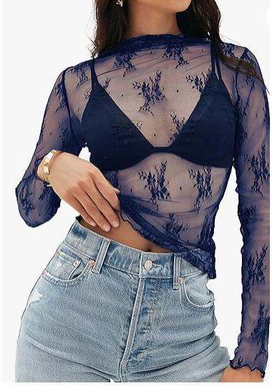 Women's Mesh Transparent Lace Layered Top Neck See-Through Shirt