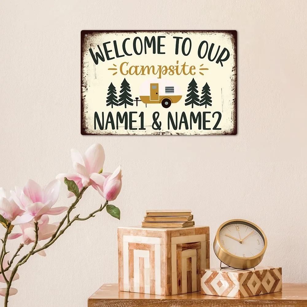 Personalized Campsite Welcome 2D Flat Metal Tin Sign Custom Text Date Available Rustic Wall Decor Gift for Wedding Anniversary