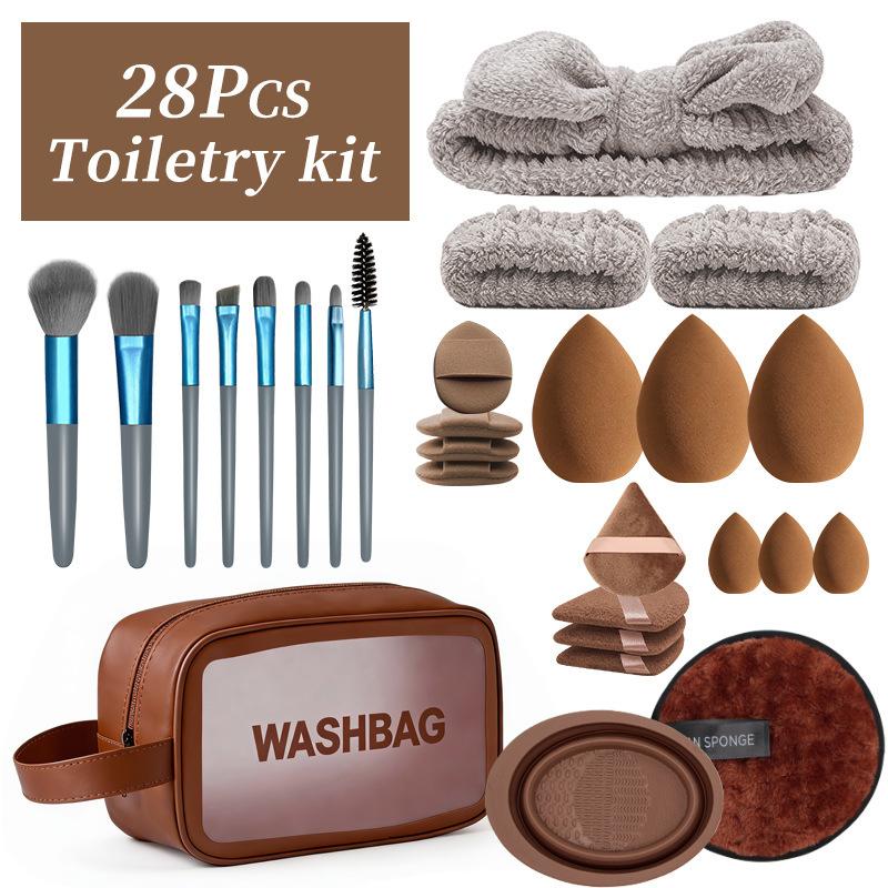 28pcs Custom Luxury Toiletry Kit Makeup Brush Set Washbag Headband Wristband Blending Sponge Powder Puff Synthetic Bristle Gift