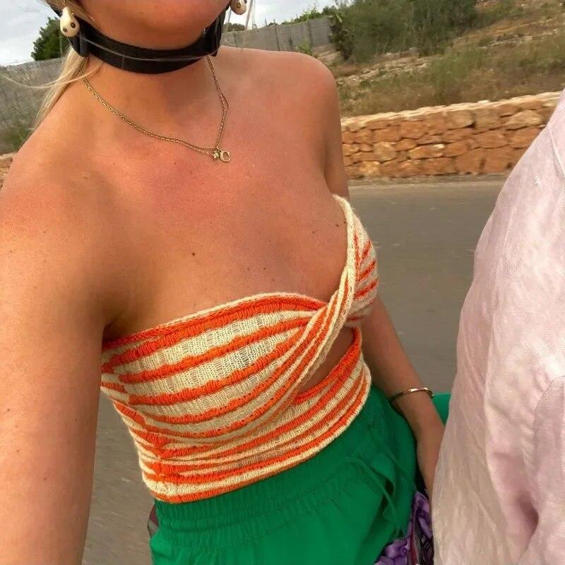 Fashion Hollow Out Striped Knitted Tank Tops Women Summer Vacation Strapless Sexy Crop Tops Y2K Slim Fit Knitears Tanks 30570