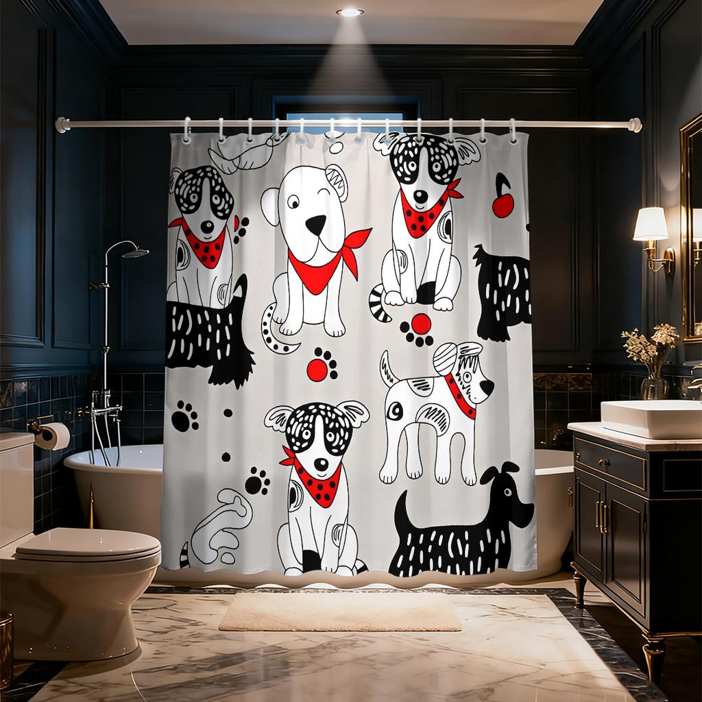 1PC Black White Red Polka Dot Neck Scarf Hand-drawn Cartoon Dog Shower Curtain Waterproof Partition Privacy Hanging Curtain