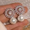 Gorgeous Flower Imitation Pearl Earrings Women Luxury Inlaid Sparkling CZ Stone Fashion Wedding Jewelry Wholesale Lots