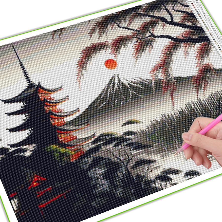 Mount Fuji Scenic Lake Diamond Painting New Arrivals Diy Full Square Round Drill Rhinestone Embroidery Mosaic Abstract Landscape Pavilion Wall Decor