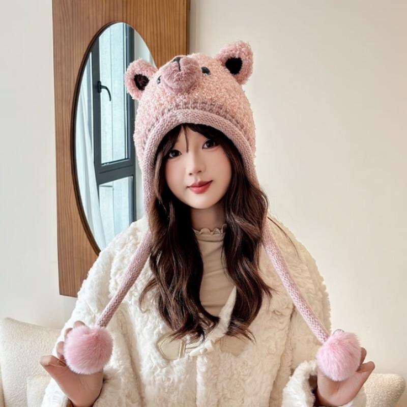 Women s Cute Plush Bear Knitted Beanie Hat