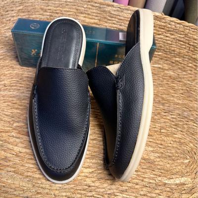 New Lychee Pattern Cowhide Leather Men's Shoes Flat-bottomed Bag Head Slippers Men's Flat-bottomed Outer Wear One and a Half Slippers