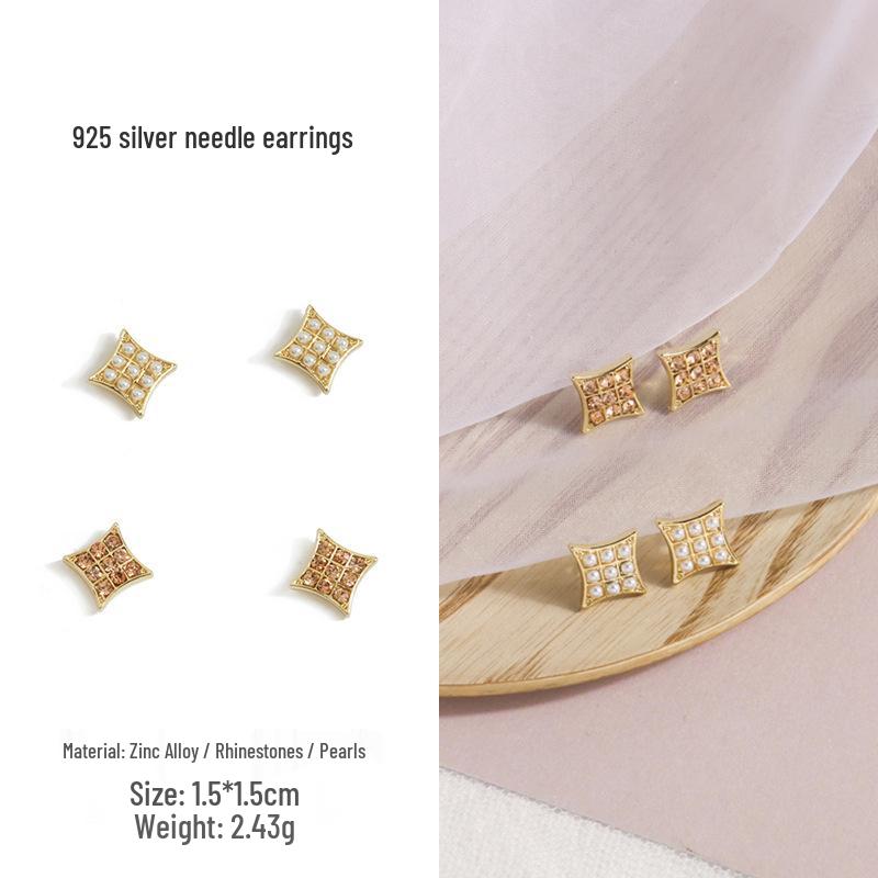 French Retro Rhinestone Pearl Star Earrings, 925 Silver, Exquisite Four-Point Star Studs Rhinestone 925 Silver Stud Earrings Pair