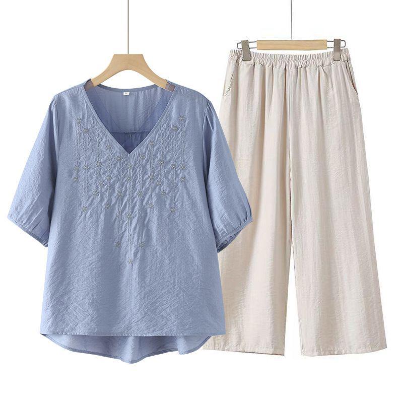 2026 Women's Embroidered Lace V-Neck Suit with Pants and T-Shirt for Summer