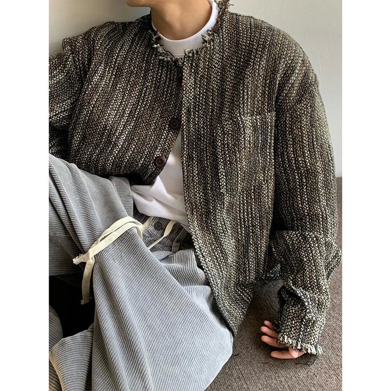 

2025 Trendy Harajuku Artistic Woven Mixed Color Frayed Collarless Jacket XL