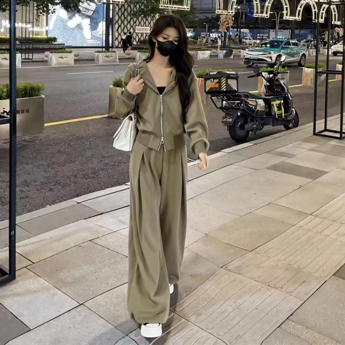 

Spring and Autumn new Internet celebrity hooded casual sports suit women s high waist and thin wide leg pants two-piece set S армия зеленый