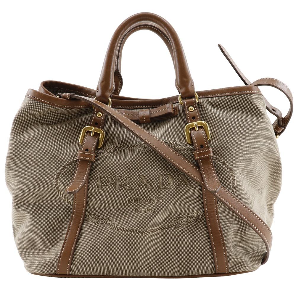Prada Logo Handbag BN1841 2WAYShoulder Beige Canvas/leather Women Used
