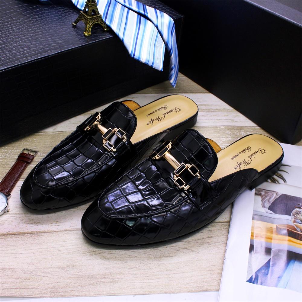 Fashion Men's Leather Half Shoes, Black Pointed Toe Flat Crocodile Pattern Metal Buckle, Comfortable Casual Men's Shoes Daily Home Shoes