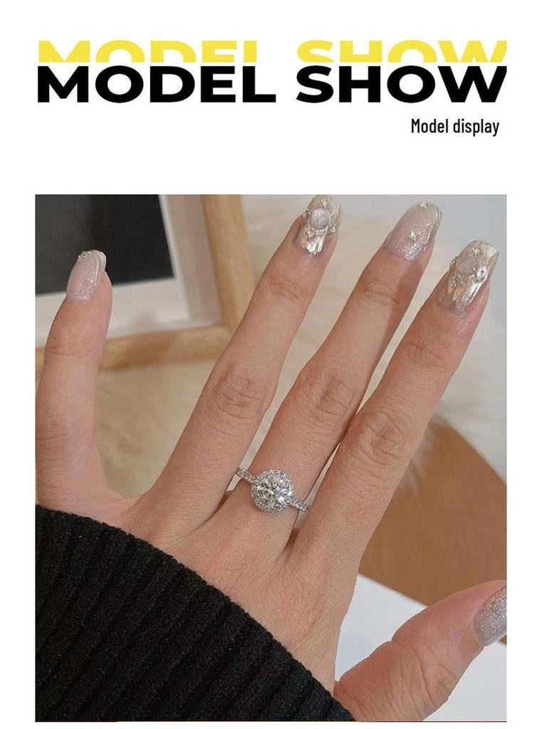 S925 Sterling Silver Moissanite Ring with 1 Carat Round Diamond, Adjustable Fit for Women
