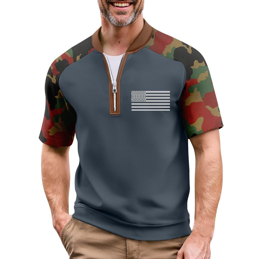 Men's Summer Camouflage Raglan Sleeve Casual T-Shirt Sports Flag Printed Zipper Neck Top