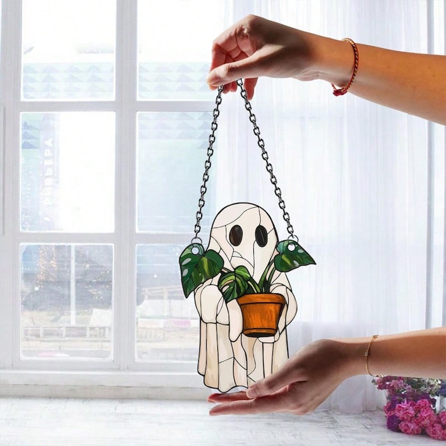 1 Pc Of Cute Ghost And Plant Decoration, 3mm Thickness Acrylic, Colorful Anti-Shatter Window Horror Home Decoration, Halloween Window Decoration