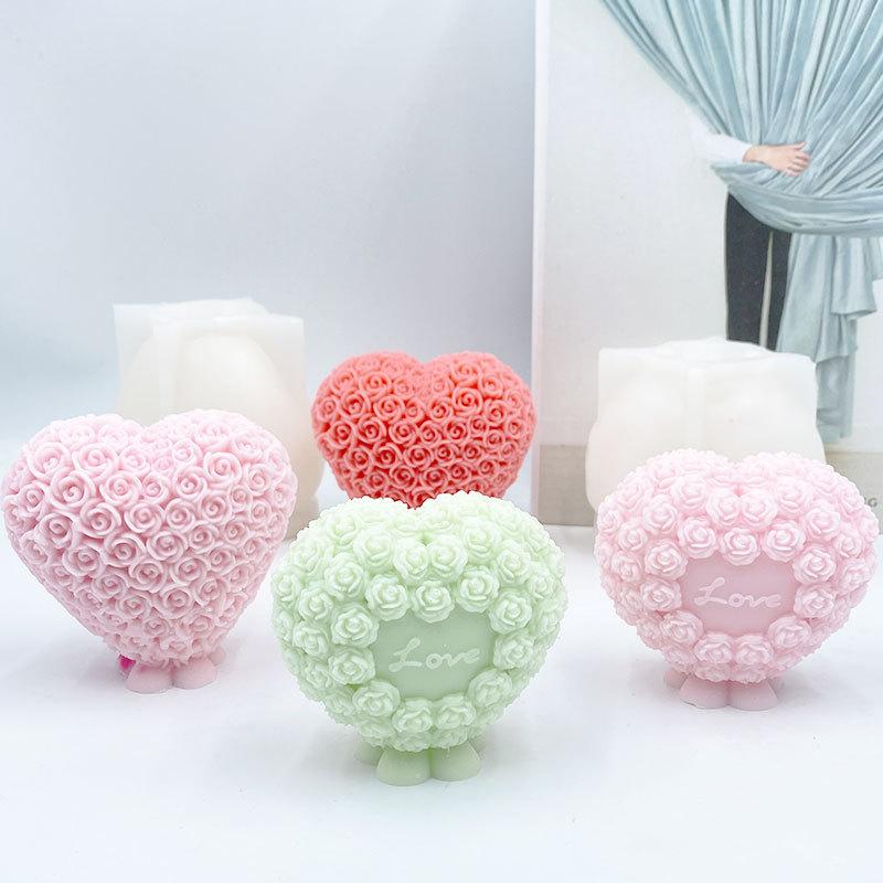 3D Rose Heart Shaped Candle Silicone Mold DIY Handcrafted Love Valentine's Day Decor Scented Candle Plaster Mould Wedding Gifts