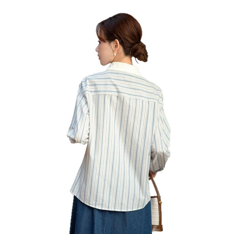 Women's Blue Striped Shirt with Contrast Collar, Retro Hong Kong Style, Loose Fit, Long Sleeve, 2026 Spring Design