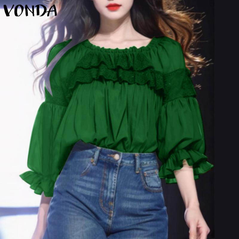 

VONDA Женская летняя блузка свободного покроя с круглым вырезом и рукавами 3/4 в стиле пэчворк с оборками 3XL зелёный