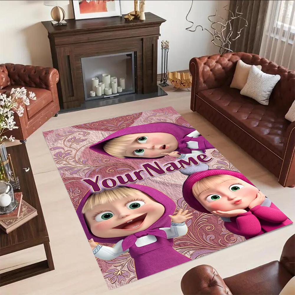 Masha Bear Customizable Name Floor Mat Design for Hallway Playrooms Entryway Outdoor Anti-slip Rug Anime Office Decor Best for Christmas