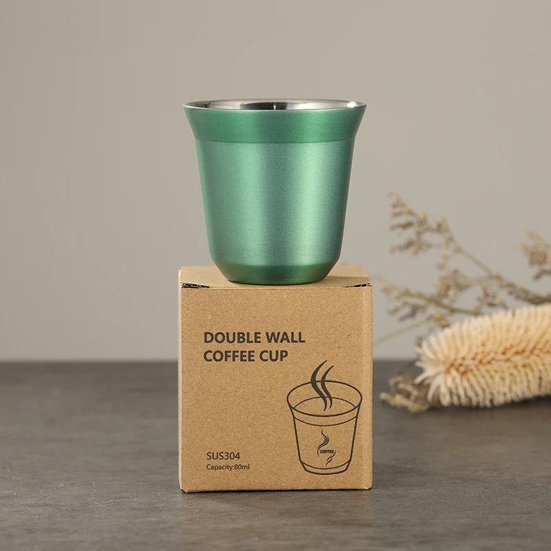 80ml Stainless Steel Mini Coffee Cup Summer New Simple Flat Bottom Cup Wall Heat-insulating Coffee Cup Portable Small Drink Cups