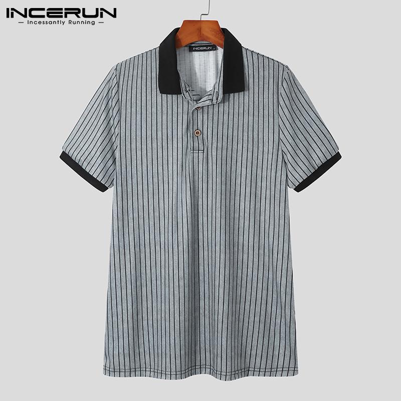 

INCERUN Летние мужские полосатые лоскутные топы-поло с короткими рукавами Slim Fit