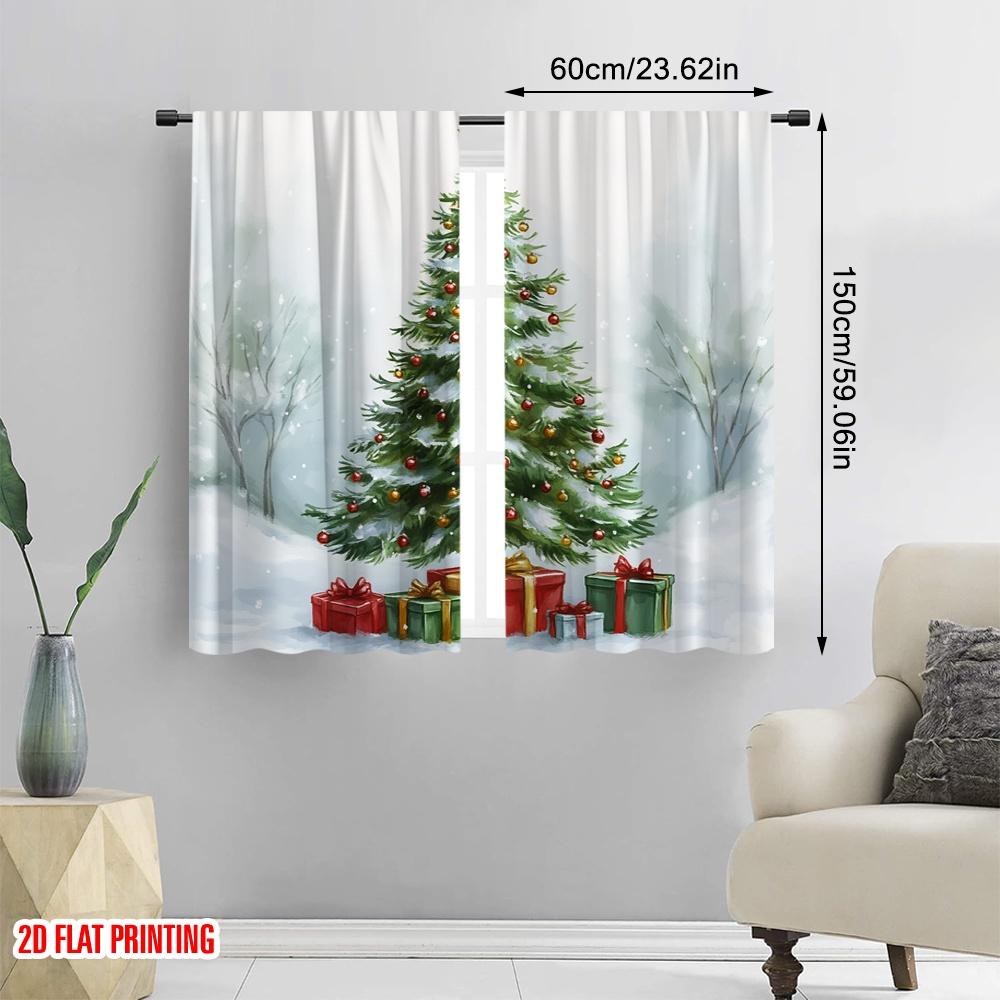 2pcs,2D plane printing Creative Curtains Christmas Tree Snow Gifts_a (3) Versatile Polyester (without rod) Room Decor Use for
