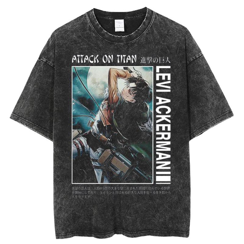 Attack on Titan Levi Ackerman Printed Tshirt Mens and Womens Washed Tshirt High Quality Vintage Cotton Tshirt Harajuku Tops