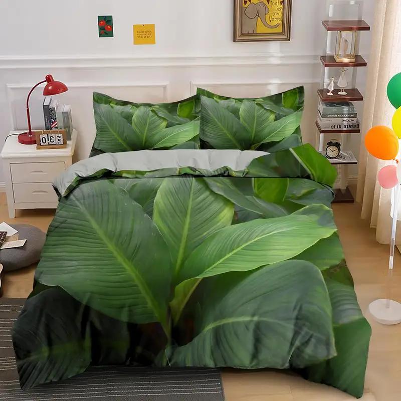 Tropical Botanical Leaves King Queen Duvet Cover Green Palm Leaves Polyester Bedding Set for Kids Teens Adults with Pillowcase