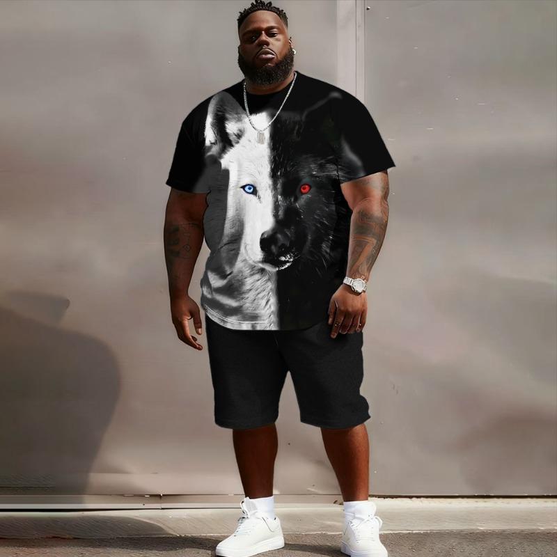 S-6XL Große Größen Herren Oversized Fit, Wolf, Mond & Flamme 3D-Druck T-Shirt & Shorts Set, Lässiges Streetwear Outfit