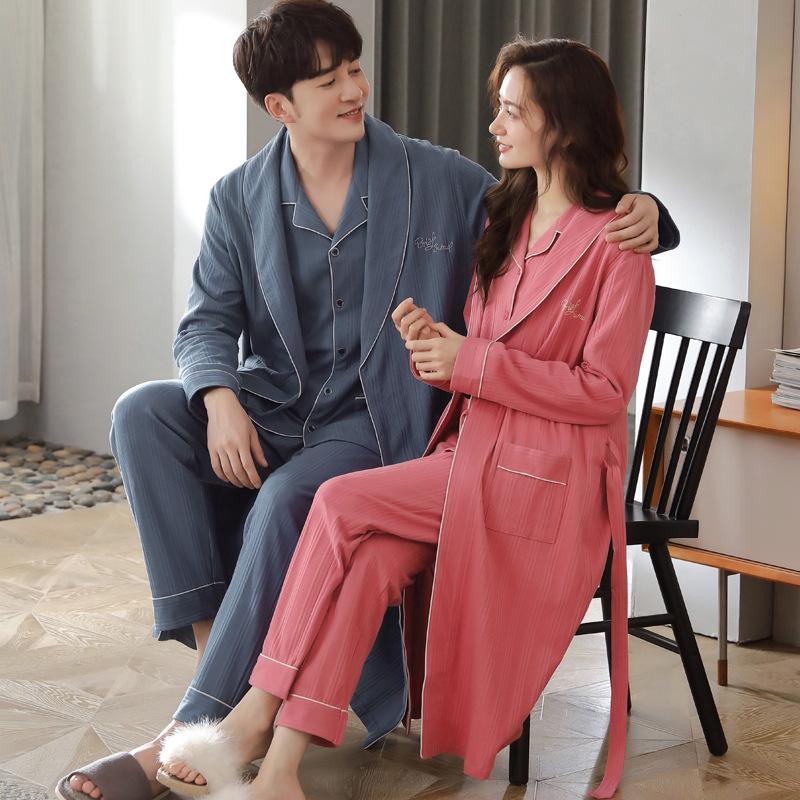 Paar Nachthemd Damen Frühling und Herbst Baumwolle Langärmeliger Bademantel Pyjama Herren Herbst Lang Yukata Loungewear Dreiteiliges Set