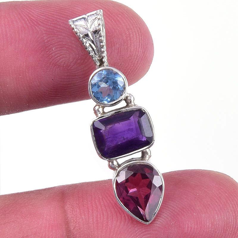 

Natural African Amethyst, Garnet 925 Solid Sterling Silver Pendant 1.25 G0d95