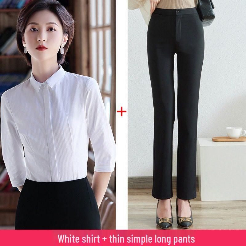 Women's Blue Striped Slim-Fit Work Shirt with Mid-Length Sleeves for Spring/Summer
