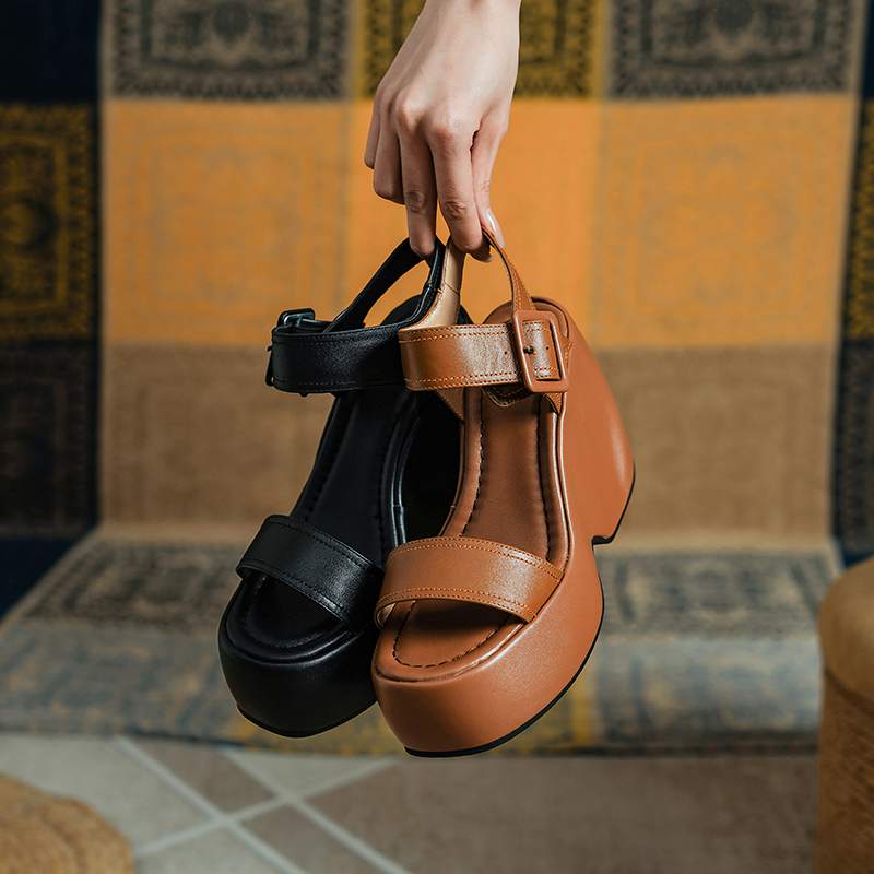 Krazing Pot Cow Leather Peep Toe Thick High Heels Platform Summer Shoes Buckle Straps Casual Waterproof Women Sandals