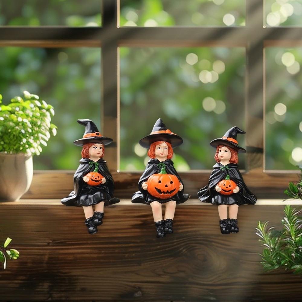 3pcs Handmade Witch Holding Pumpkin Statue Cute Witch Ornament Halloween Statue  Bookshelf
