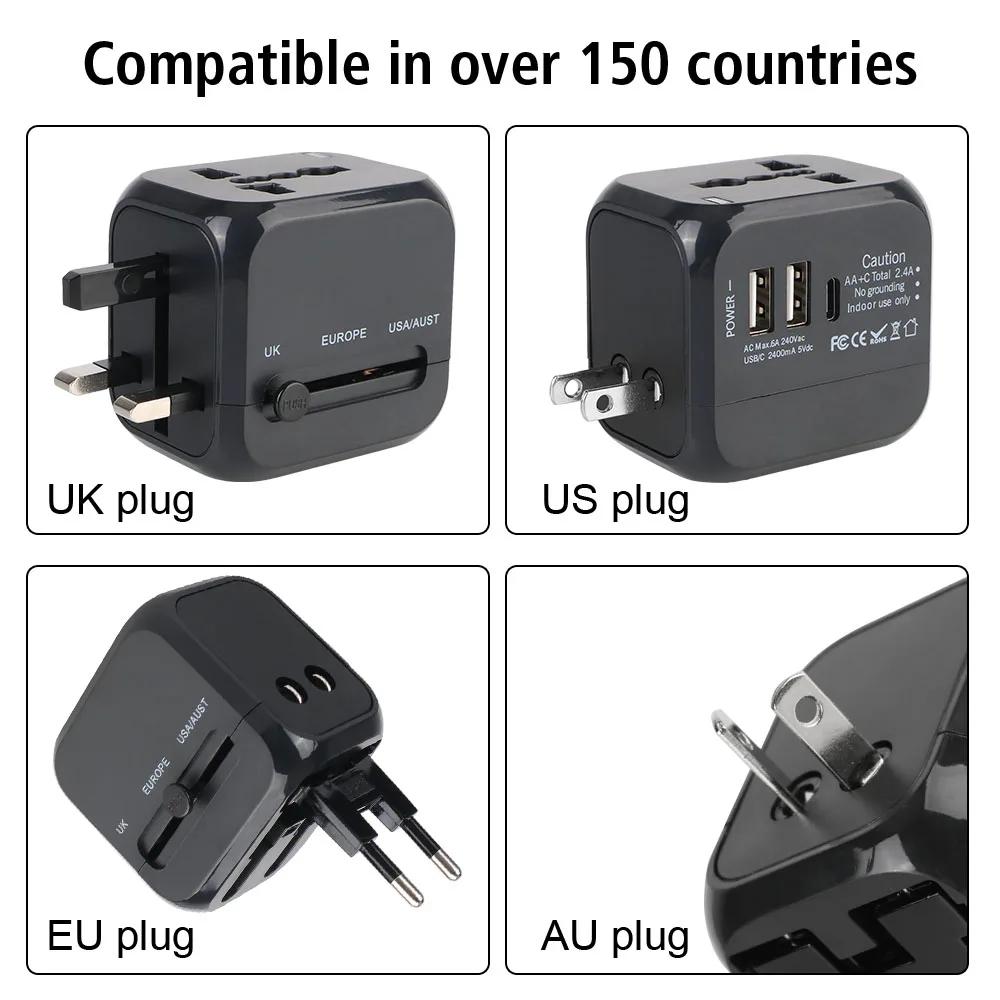 Universal All-in-One Travel Adapter US EU UK AU Plug with 3 Ports (2USB +1 Type C), Fast Wall Charger for Worldwide Travel Use